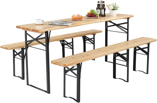 70 Inch Folding Picnic Tables with Benches Set, Weather-Resistant Wooden Beer Garden Table Bench, 3-Piece Portable Fold Up