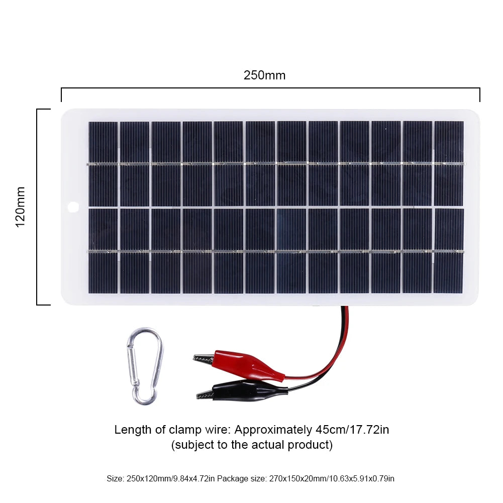 10W Solar Battery Charger with Carabiner 12V Solar Power Bank Polysilicon Solar Charger Plate Portable for Outdoor Lamp Pump