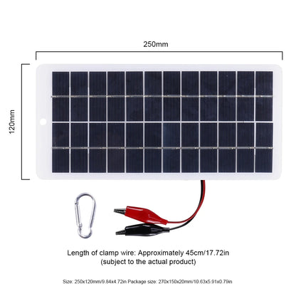 10W Solar Battery Charger with Carabiner 12V Solar Power Bank Polysilicon Solar Charger Plate Portable for Outdoor Lamp Pump