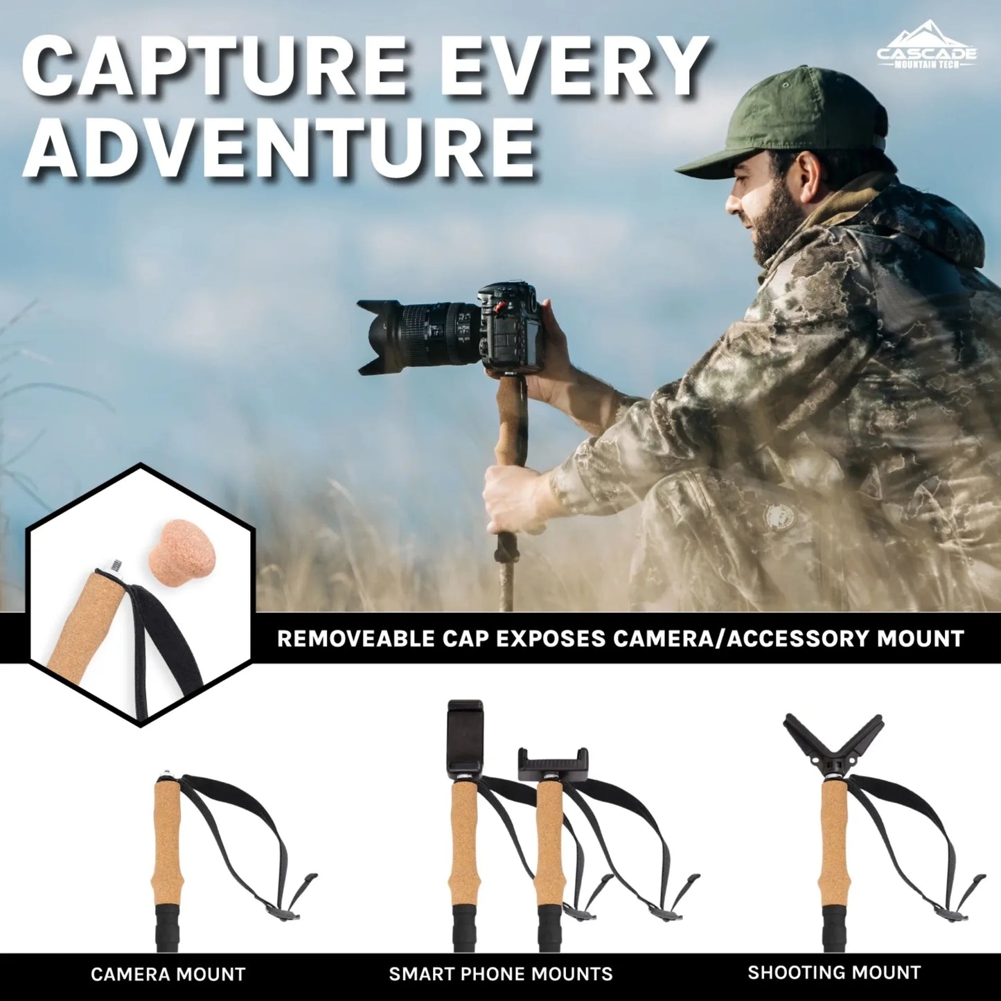 Carbon Fiber Monopod Walking or Hiking Sticks with Accessories Mount - 2 Pack