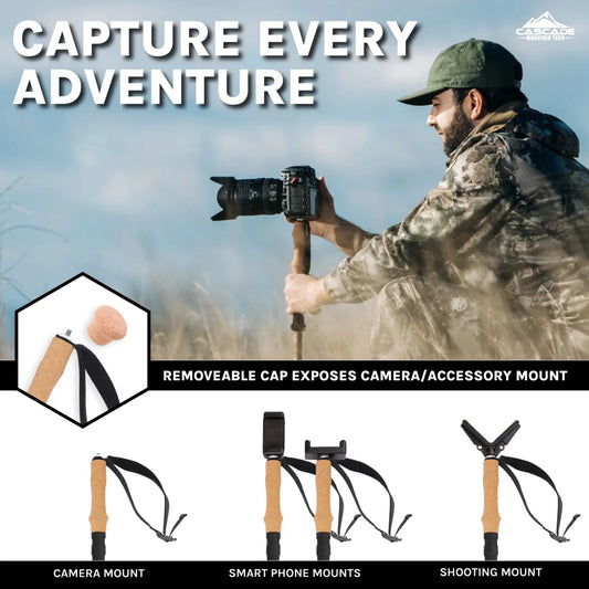 Carbon Fiber Monopod Walking or Hiking Sticks with Accessories Mount - 2 Pack