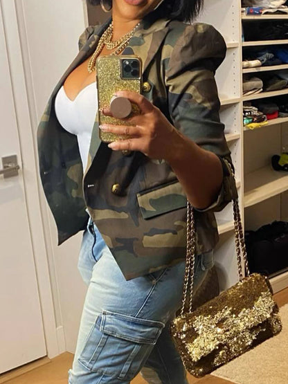 Camouflage Printed Double Breasted Jacket, Casual Long Sleeved Lapel Open Top,   Women's Clothing