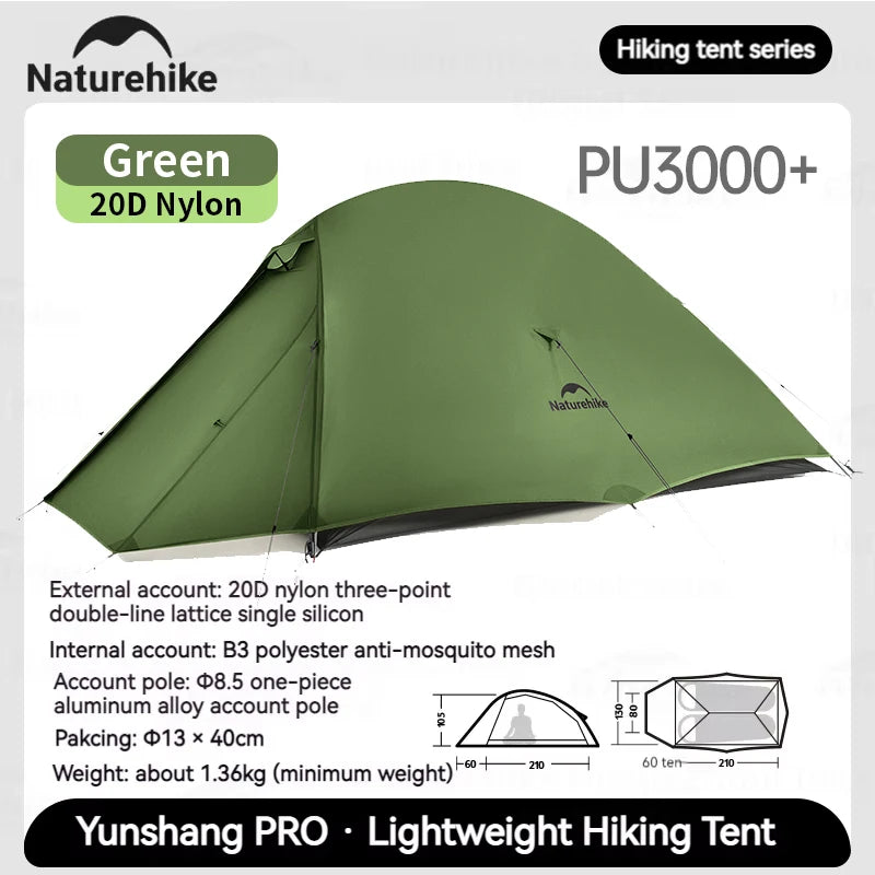 Naturehike Cloud Up Pro Tent 1/2 Person 20D Nylon Double Layers Lightweight Hiking Waterproof Quick Build Travel Tent Breathable
