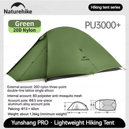 Naturehike Cloud Up Pro Tent 1/2 Person 20D Nylon Double Layers Lightweight Hiking Waterproof Quick Build Travel Tent Breathable