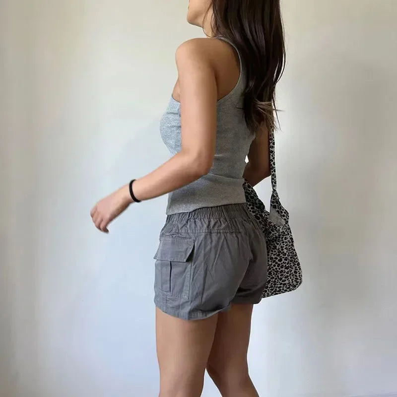 Vintage Streetwear Cargo Shorts Women Solid Color Summer Sexy Low Waist with Pockets Shorts Female American Street Y2K Shorts