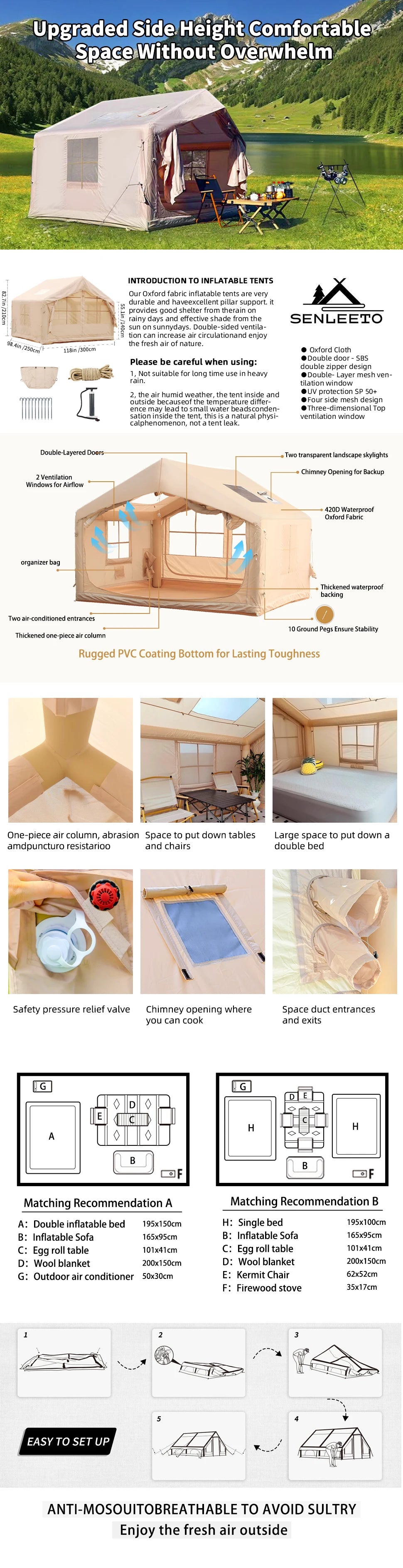 Inflatable Camping Tents with Hand Pump,Easy Setup Waterproof and Windproof Blow up Tent with Mesh & Chimney Window