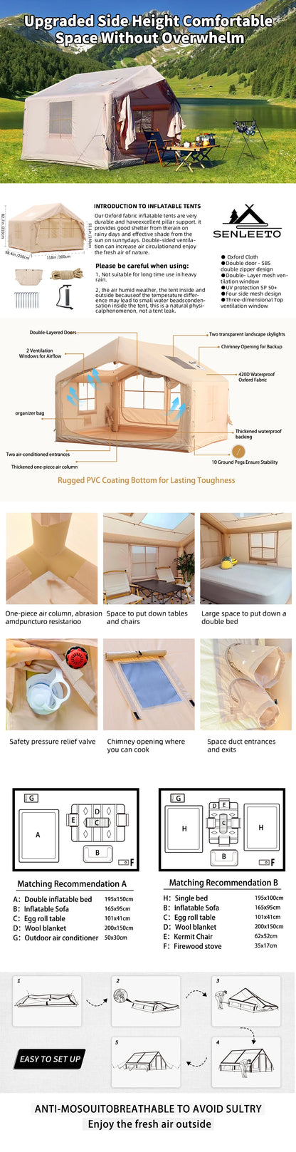 Inflatable Camping Tents with Hand Pump,Easy Setup Waterproof and Windproof Blow up Tent with Mesh & Chimney Window