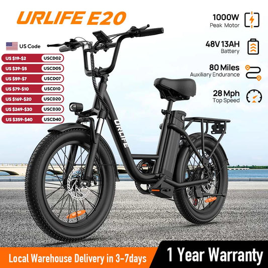 1000W E20 Electric Bike | 48V 13Ah Removable Battery, 20MPH, 20''X3" Fat Tire, 7-Speed Electric Bicycles with Dual Disc Brake