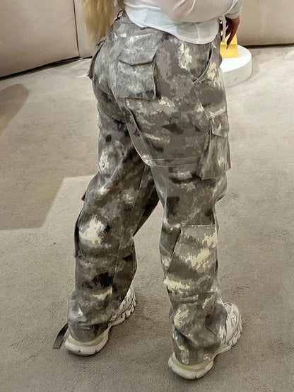 Women's Camo Cargo Pants  Wide Leg Baggy Style,  Flap Pockets