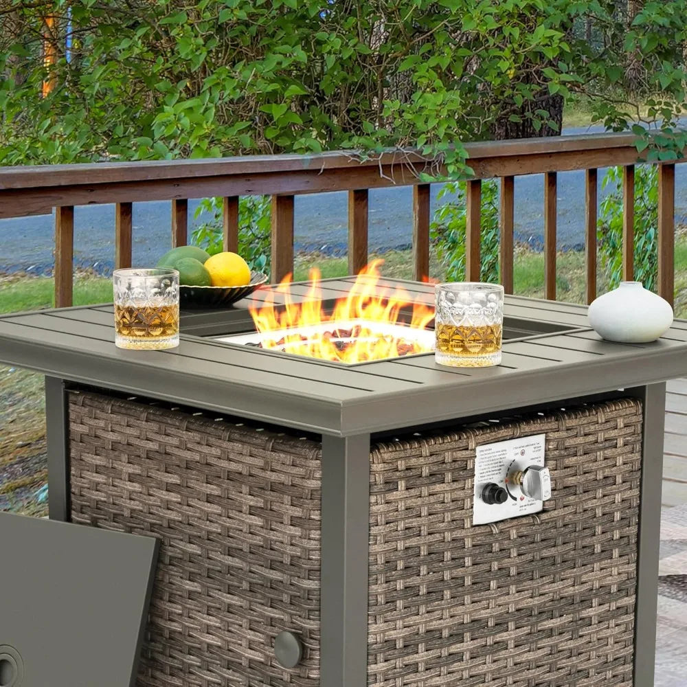 Nuu Garden Outdoor 30" 50,000 BTU Propane Gas Fire Pit Table, Square Gas Fire Pit Table with Glass Beads and Lid, Hand-Woven Wic