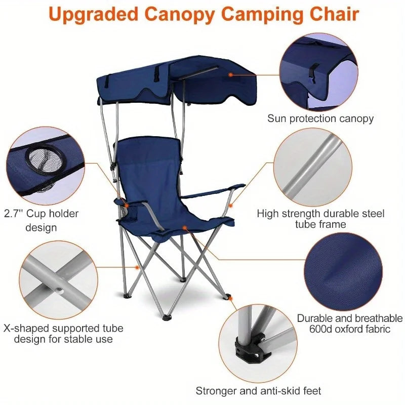 Camping Chair With Canopy, Outdoor Folding Lounge Chair