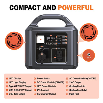 538.7Wh 600W Portable Outdoor Power Station with Solar Charging Input,  AC Power Outlet,