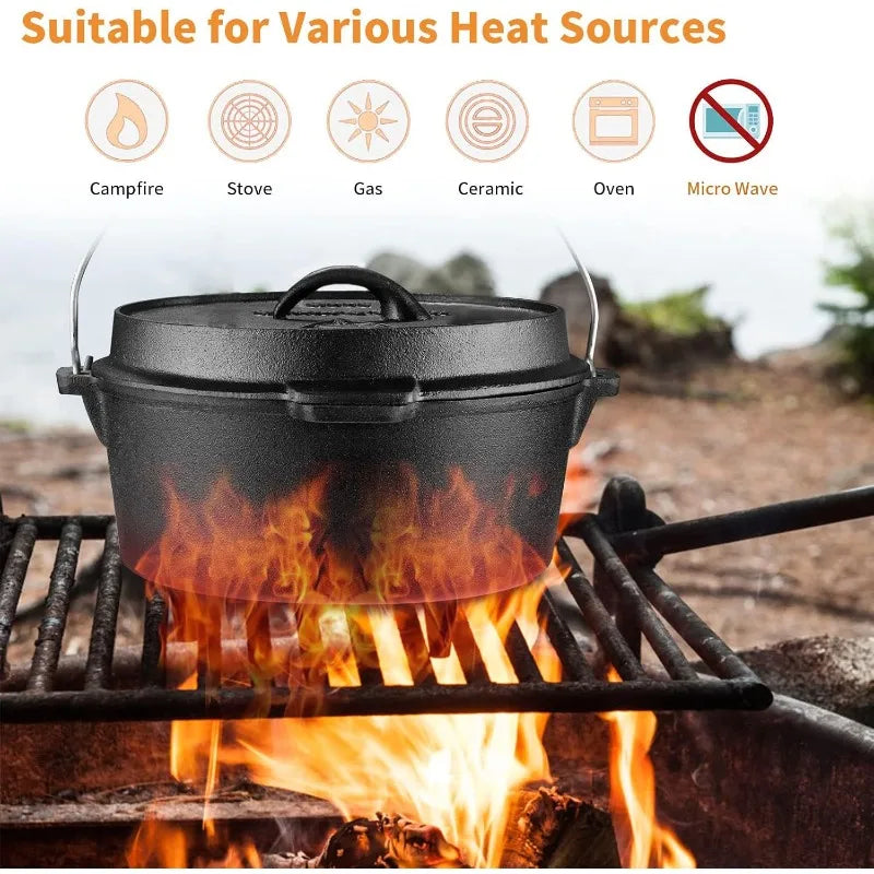 12 Qt Pre-Seasoned Camping Cookware Pot with Lid - Lid Lifter, Cast Iron Dutch Oven