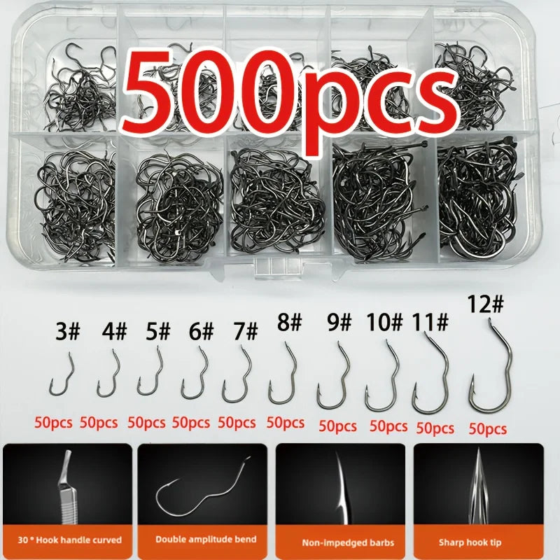 300/500 carbon steel fishing hook set, including sizes 3-12, with barbed sharp hooks