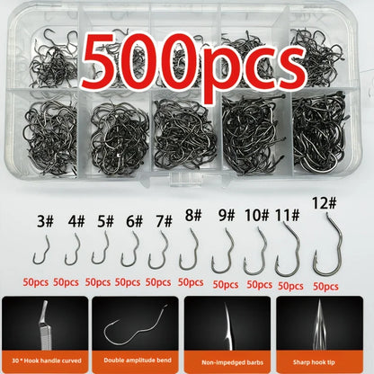 300/500 carbon steel fishing hook set, including sizes 3-12, with barbed sharp hooks