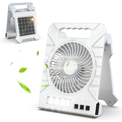 Powered Camping Solar Fan - Portable Rechargeable Handheld Fan with LED Light, Power Bank for Outdoor, Fishing, and Wild Camping