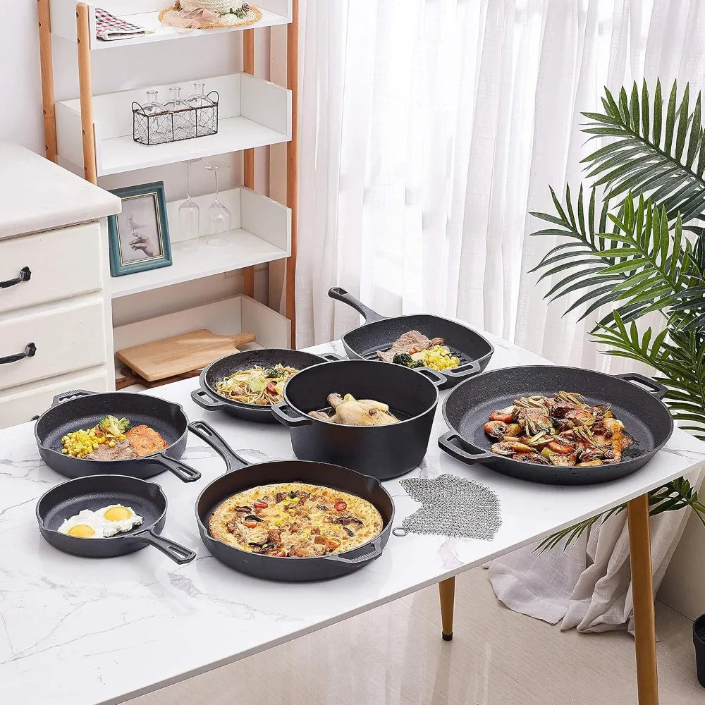 8 piece cast iron camping cookware - durable POTS and pot covers for cooking - the ideal gift for home or camping