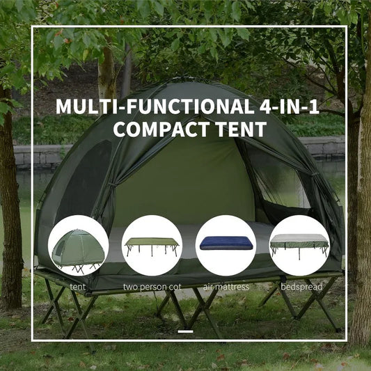 2 Person Foldable Camping Cot with Tent, Bedspread and Thick Air Mattress,   Elevated Camping Bed Tent