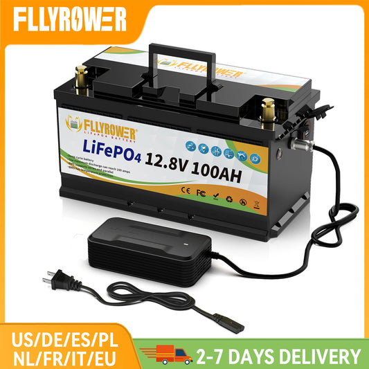 FLLYROWTH 12V 100Ah LiFePo4 Lithium Battery Pack 100A BMS For RV Boat Motors Inverter Solar Wind Lithium Iron Phosphate Battery
