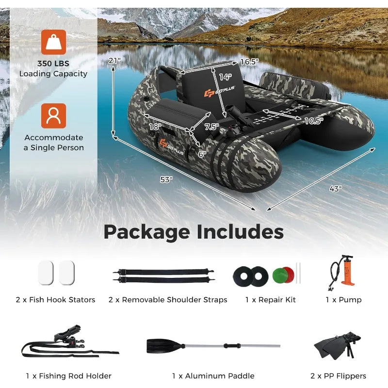 Inflatable Float Tube, Fishing Belly Boat with Fish Ruler, Pump, Storage Bag, Adjustable Straps