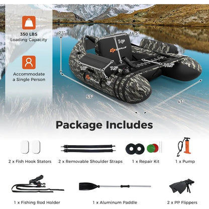 Inflatable Float Tube, Fishing Belly Boat with Fish Ruler, Pump, Storage Bag, Adjustable Straps