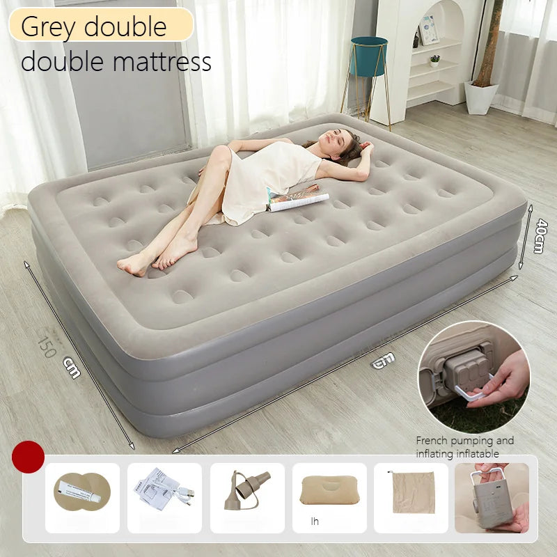 PVC Inflatable Sleeping Mattress 2 Person Camping Bed Mat Built-in Pump
