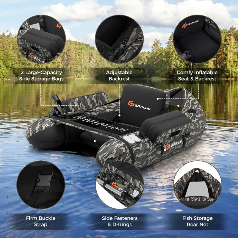 Inflatable Float Tube, Fishing Belly Boat with Fish Ruler, Pump, Storage Bag, Adjustable Straps