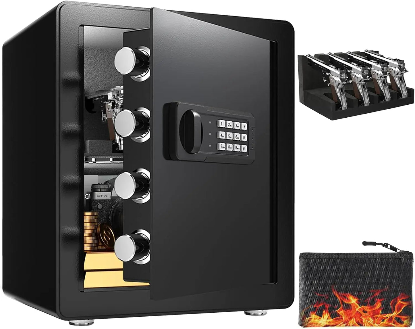 Safe Box with Pistol Rack, Fireproof Waterproof Bag, Large Digital Safe with Dual Alarm System,