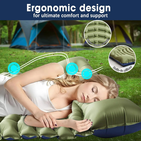 Double Sleeping Pad for Camping - Ultralight Camping Mattress with Pillow, Built-in Foot Pump, Inflatable 2-Person Portable Mat