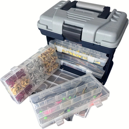 fishing tackle box, a four-layer bait box, a grey fishing accessory storage box, a plastic fishing box