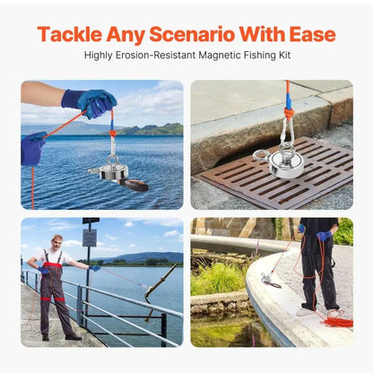 Strong Double Sided Fishing Magnet Kit with 1000 LBS Pull Force Rope and Carabiner for Treasure