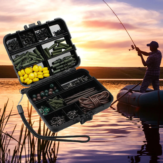 263pcs Essential Carp Fishing Terminal Box with Swivels Sleeves Hooks Stop Beads Fishing Equipment Terminal Kit Carp Fishing Box