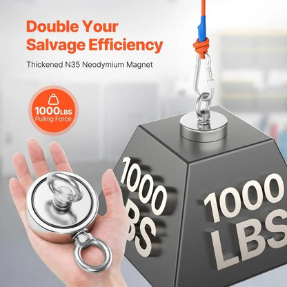 Strong Double Sided Fishing Magnet Kit with 1000 LBS Pull Force Rope and Carabiner for Treasure