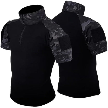 Black Camo Training Set Mens Half Zip Combat Tops Waterproof Tactical Suit Elastic Multiple Pockets Quick Drying 3-pcs