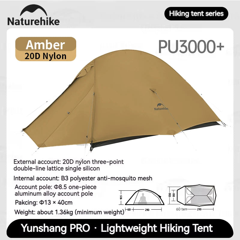 Naturehike Cloud Up Pro Tent 1/2 Person 20D Nylon Double Layers Lightweight Hiking Waterproof Quick Build Travel Tent Breathable