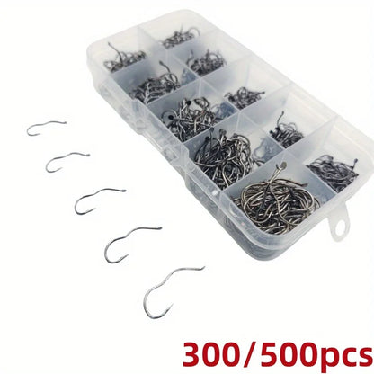 300/500 carbon steel fishing hook set, including sizes 3-12, with barbed sharp hooks