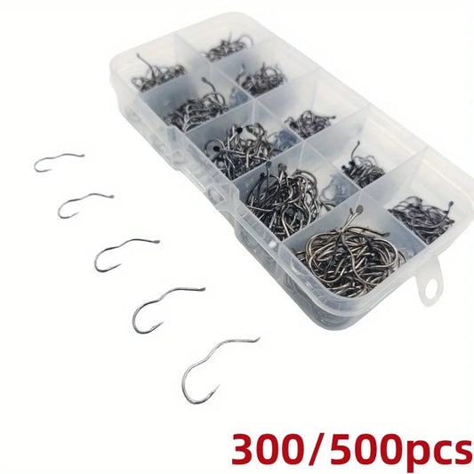 300/500 carbon steel fishing hook set, including sizes 3-12, with barbed sharp hooks