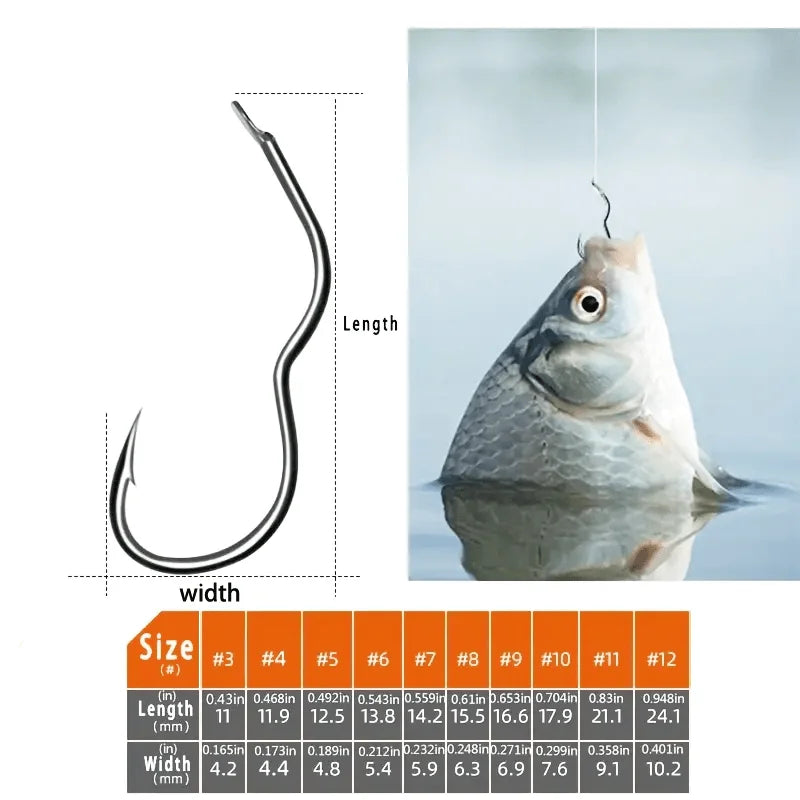 300/500 carbon steel fishing hook set, including sizes 3-12, with barbed sharp hooks
