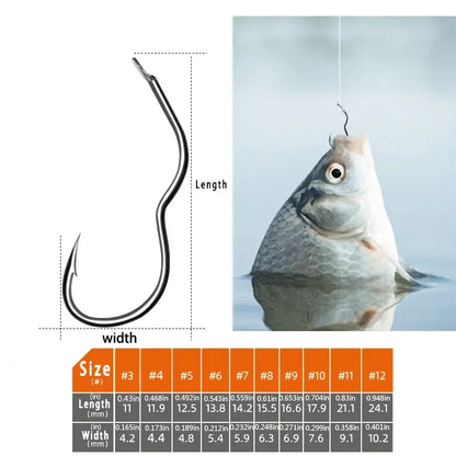 300/500 carbon steel fishing hook set, including sizes 3-12, with barbed sharp hooks