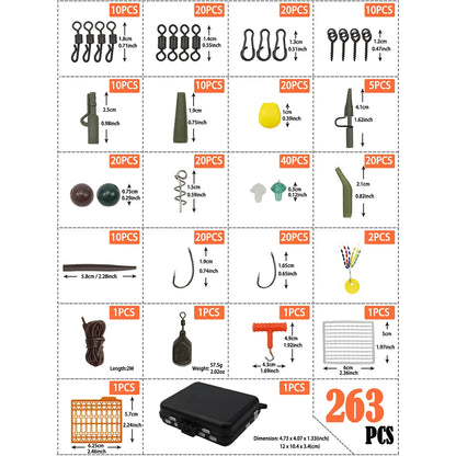 263pcs Essential Carp Fishing Terminal Box with Swivels Sleeves Hooks Stop Beads Fishing Equipment Terminal Kit Carp Fishing Box