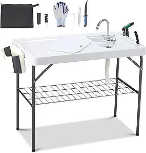 Outdoor Sink Fish Cleaning Table Portable Camping Table with Faucet Hose Hook Up Grid Rack, Fish Fillet Camping Sink Table, Fis