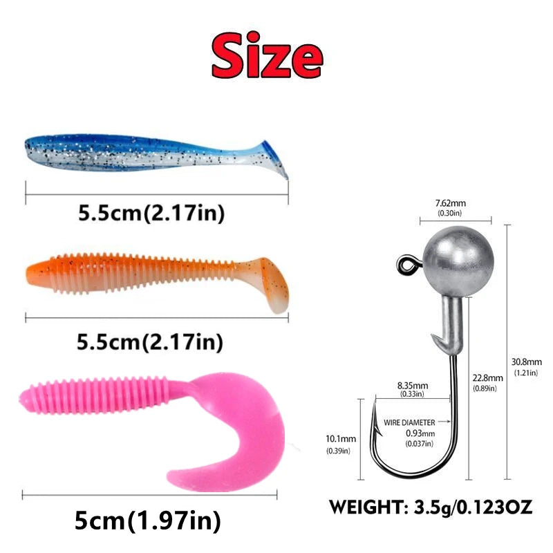 Soft Fishing Lures Kit Silicone Lure Set Artificial Bait Worm with Crank Jig Head Hooks