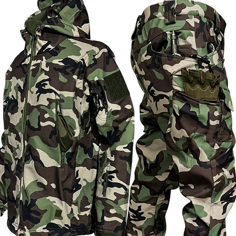 Winter Thicken Men Camo Suit Waterproof Tactical Training Set Multi-pocket Hooded Jacket Fleece Pants Outdoor Hunting 2-piece