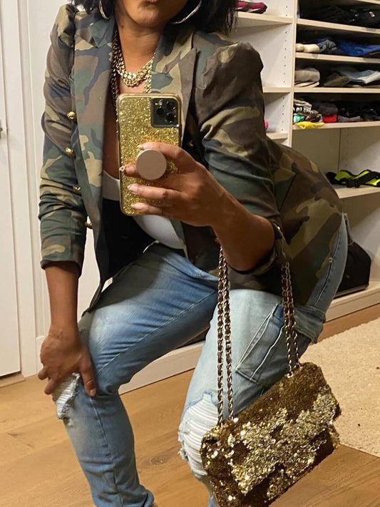 Camouflage Printed Double Breasted Jacket, Casual Long Sleeved Lapel Open Top,   Women's Clothing