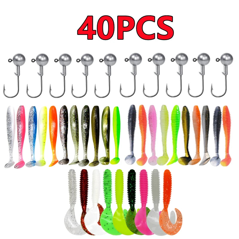 Soft Fishing Lures Kit Silicone Lure Set Artificial Bait Worm with Crank Jig Head Hooks