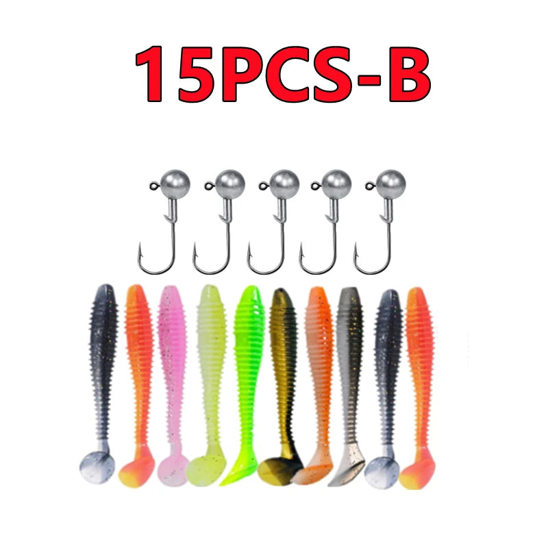 Soft Fishing Lures Kit Silicone Lure Set Artificial Bait Worm with Crank Jig Head Hooks