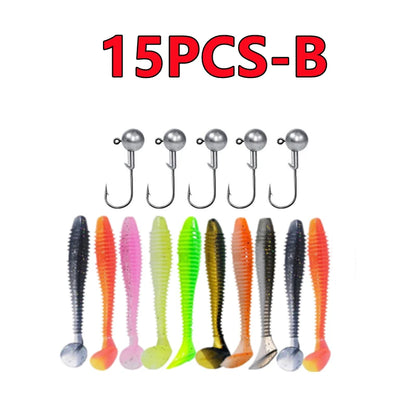 Soft Fishing Lures Kit Silicone Lure Set Artificial Bait Worm with Crank Jig Head Hooks