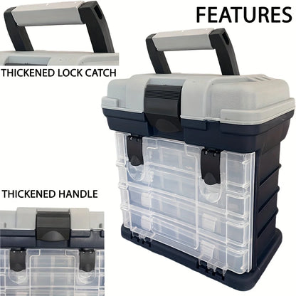 fishing tackle box, a four-layer bait box, a grey fishing accessory storage box, a plastic fishing box