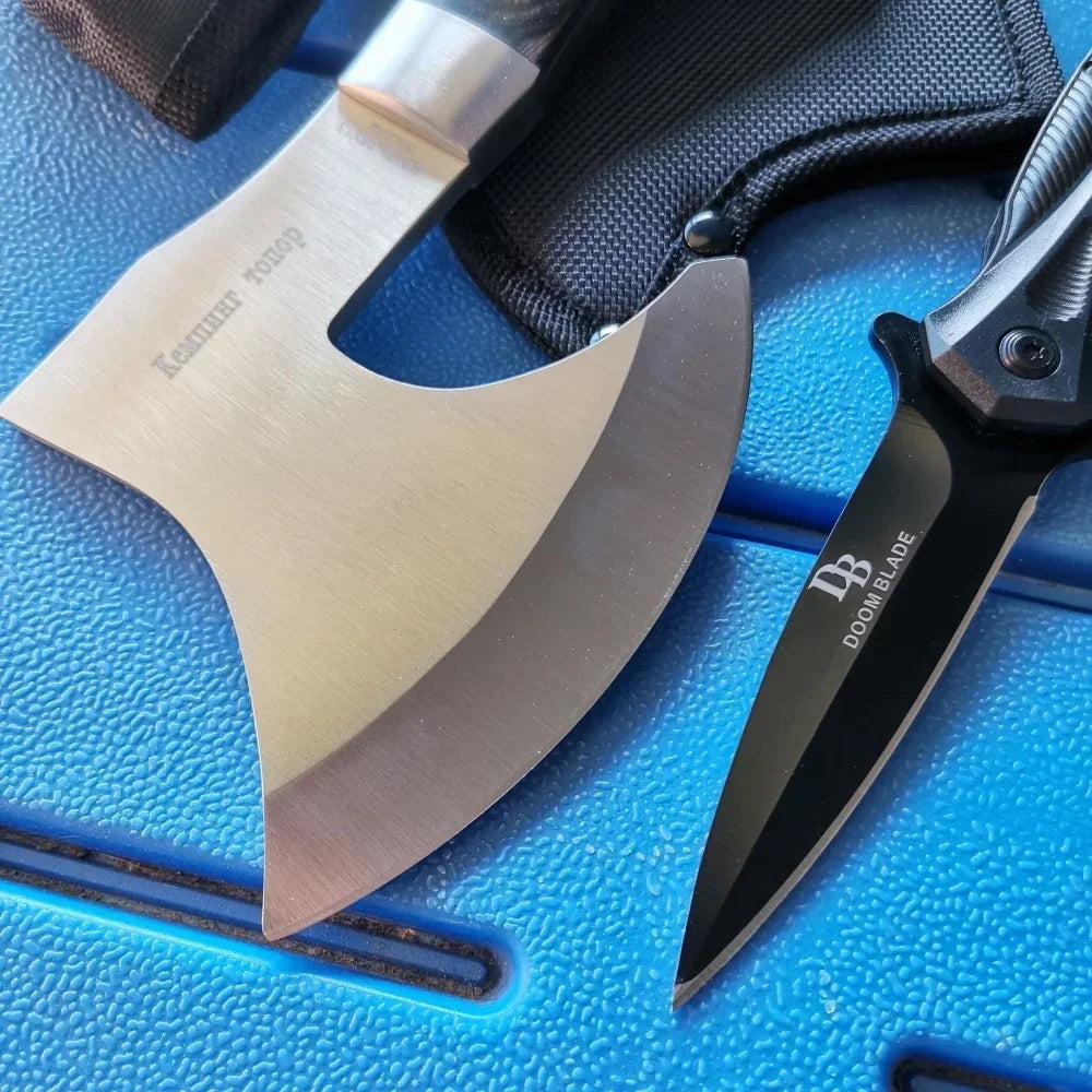 Stainless Steel Axe &amp; Folding Knife Combo Set: Durable for Outdoor Adventures, Camping &amp; Hiking
