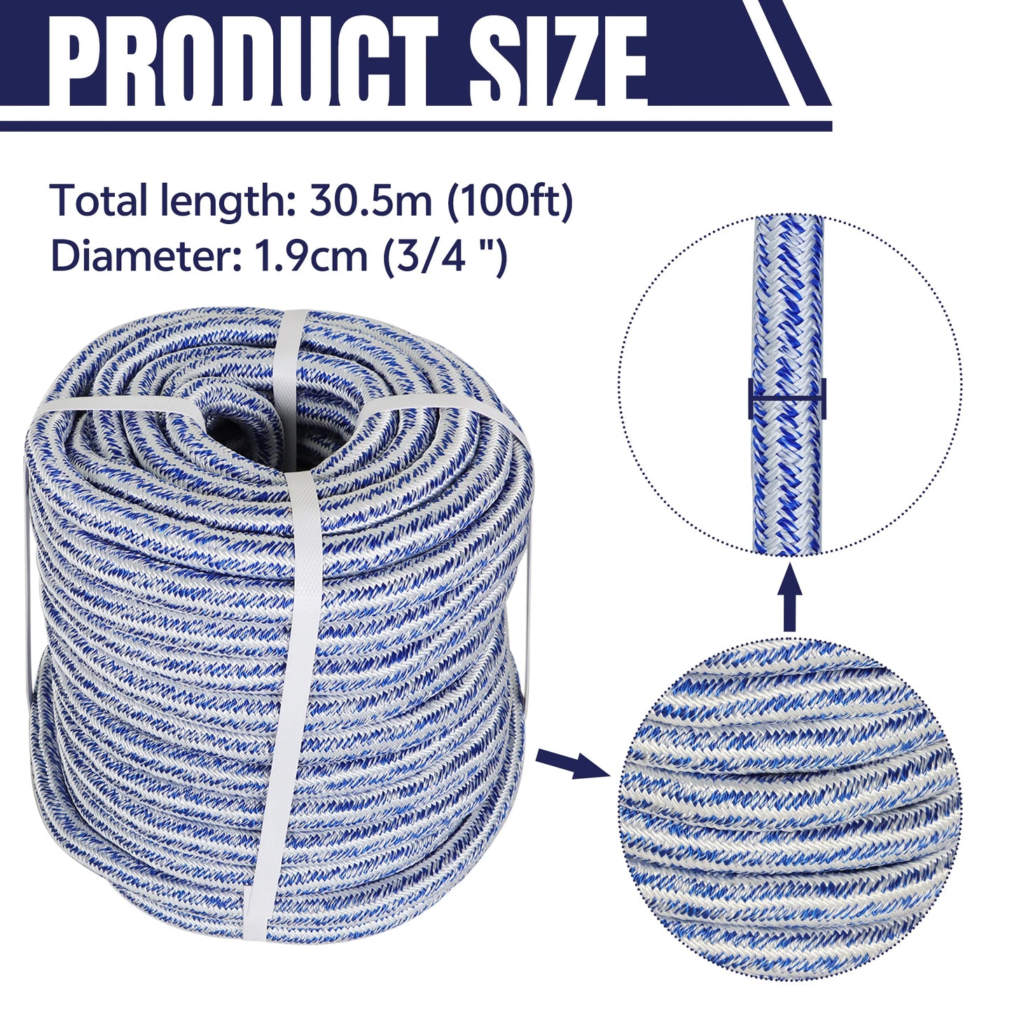 High Strength 20000lbs 3/4 Inch 24 Strand Braided Polyester Rope 100Ft White-Blue-for Tree Climbing Rigging, Arborist
